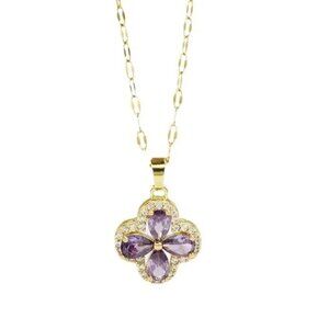 18K Gold Plated Stainless Steel Purple CZ Clover Pendant Necklace